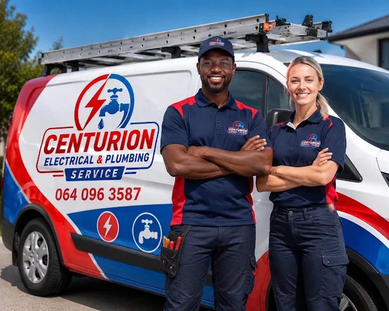 Centurion Electrical and Plumbing Service van and team outside a home in Centurion